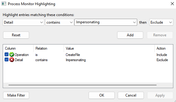 Procmon highlighting settings