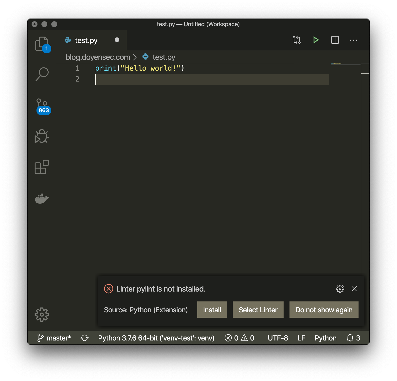 VSCode pylint not installed warning full window screenshot