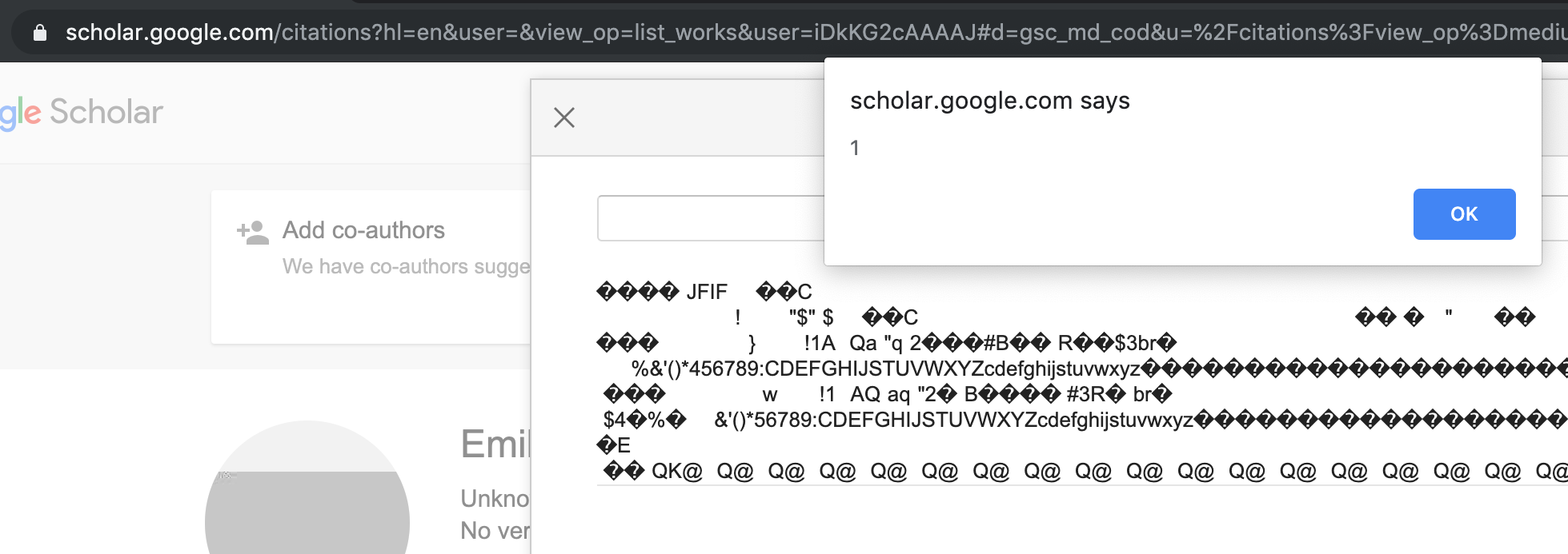 Exploitation result of the XSS PoC on Scholar